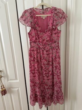 MICHAEL Michael Kors Pink Floral V-Neck Flutter-Sleeve Midi Dress